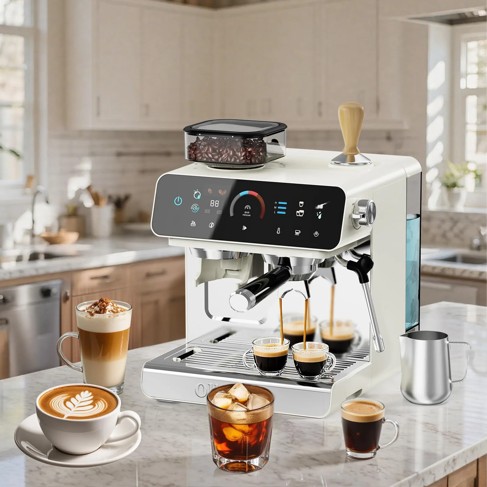 Ollygrin semi-automatic espresso machine with built-in grinder on a kitchen counter with espresso, latte and iced coffee