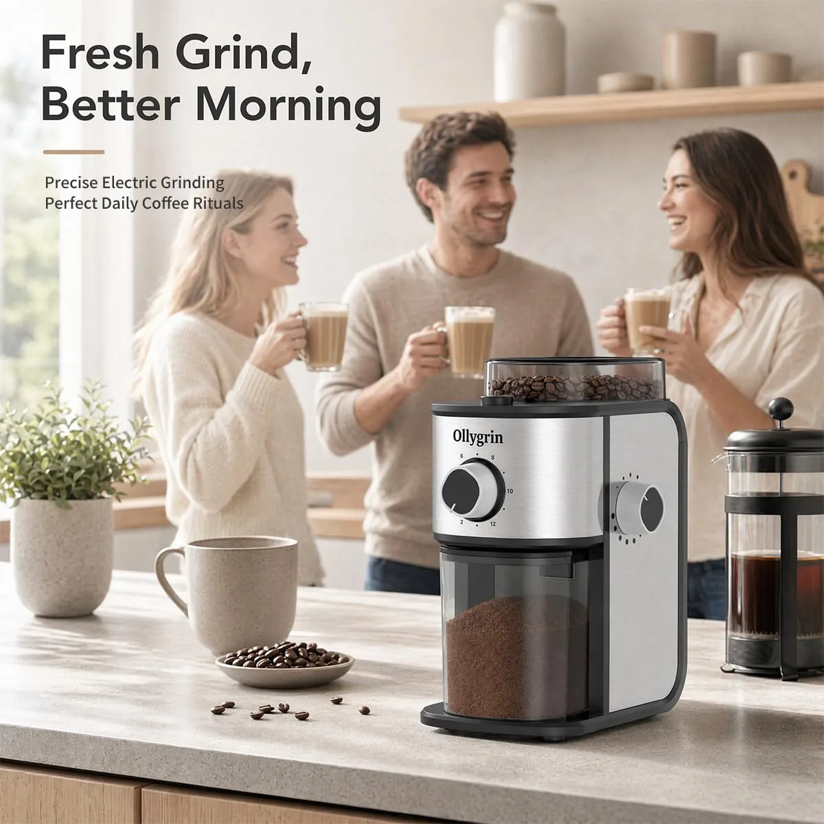 Friends sharing fresh coffee in a bright kitchen next to an Ollygrin burr grinder