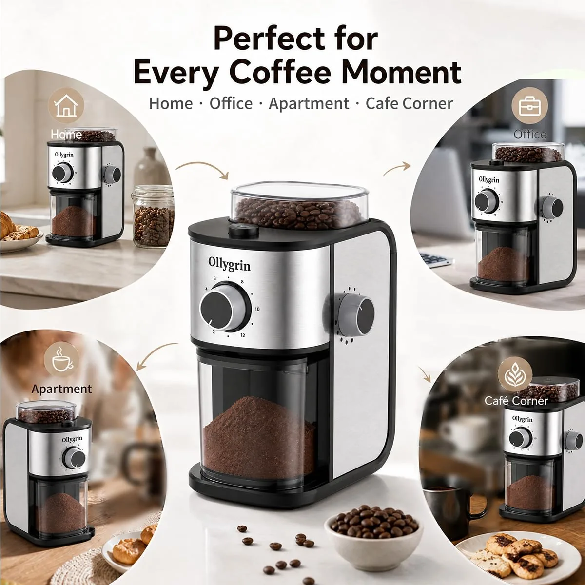 Ollygrin flat burr coffee grinder shown at home, in the office, in an apartment and in a cafe corner