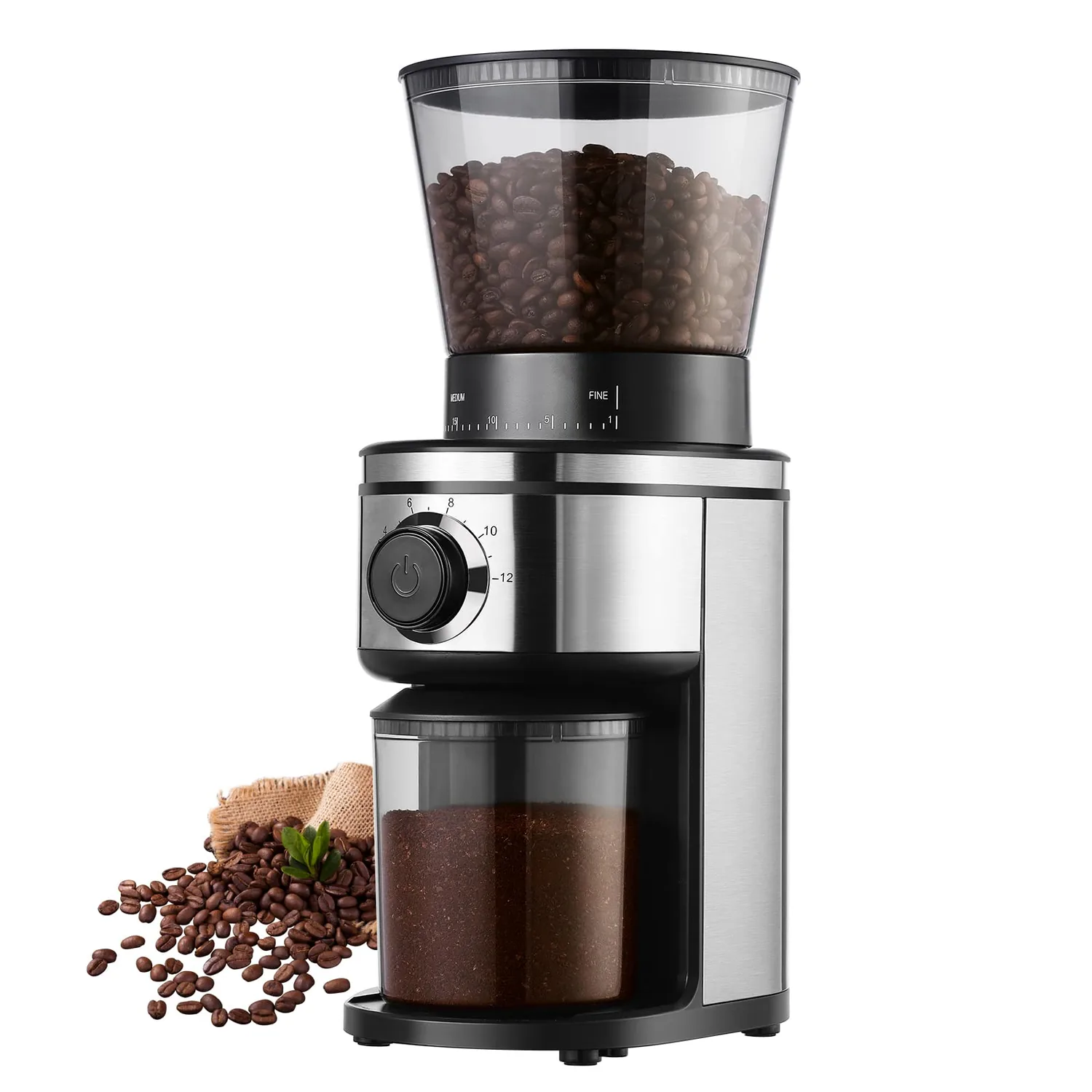 Burr Coffee Grinder, Electric Conical Coffee Bean Grinder With 30 Adjustable Grind Settings For 2-12 Cups, Sliver & Black