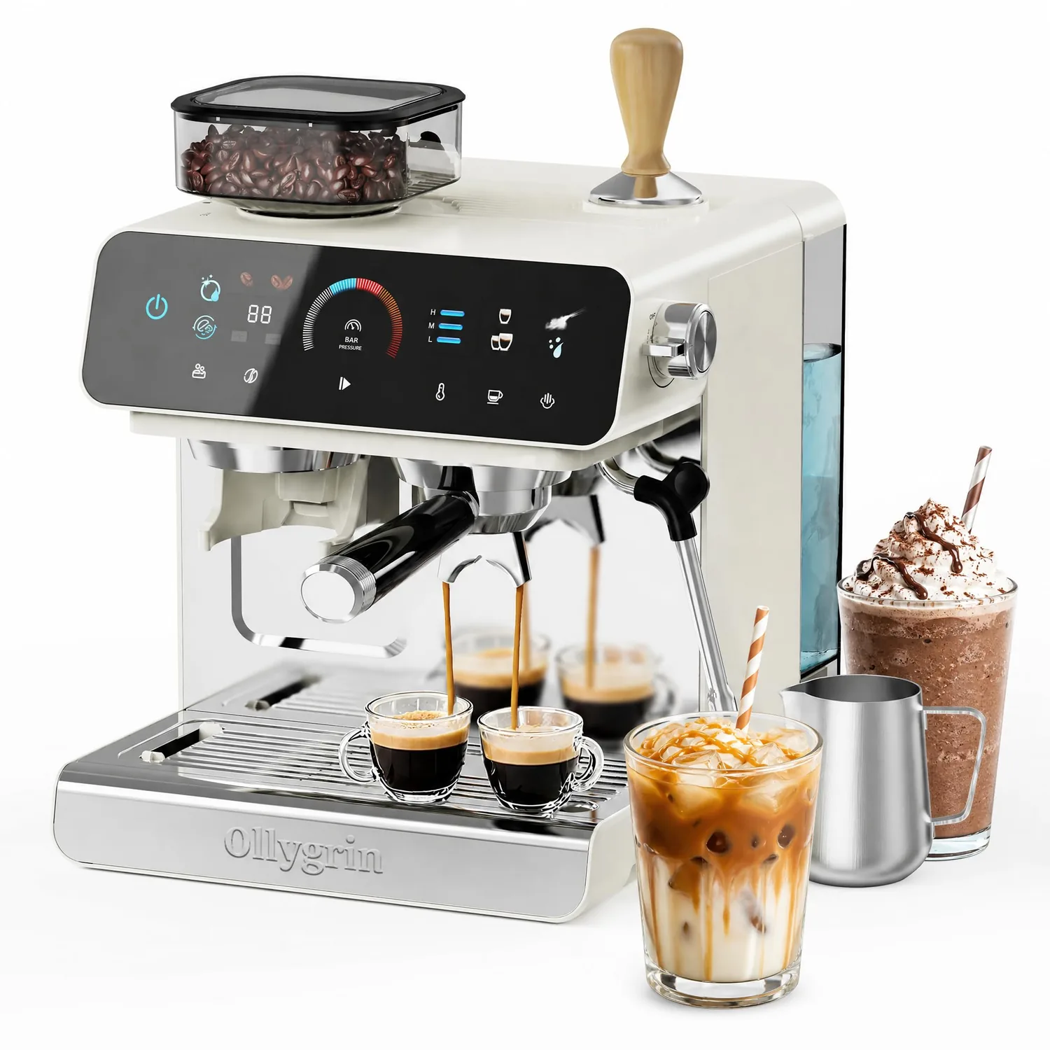 Semi-Automatic Espresso Machine with Grinder, Espresso Machine with 35 Grind Levels, Espresso Maker with Removable Bean Hopper, Cappuccino Machine with Milk Frother,Ivory Beige