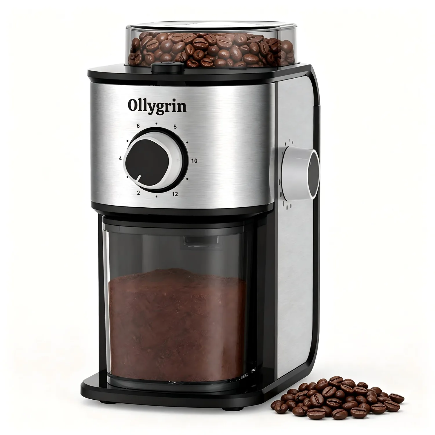 Electric Flat Burr Coffee Grinder, Coffee Grinder with 14 Grinding Settings, Burr Mill Grinder with 7oz Bean Hopper, Compact for Espresso, Drip & French Press, Shiny Silver