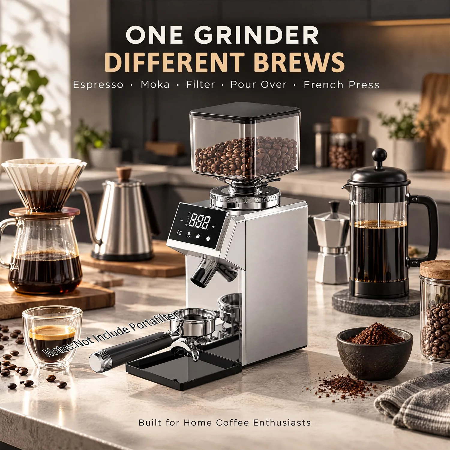 Coffee Grinder Electric, 64mm Flat Burr Coffee Grinder with 100 Grind Settings, Digital Timer, All-Metal Body with Silicone Bellows, Anti-static Professional Grinding for Home & Commercial